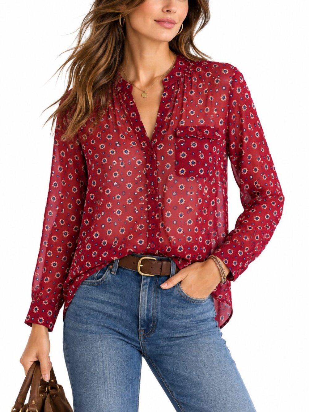 Kut from the Kloth Jasmine Burgundy Sheer Chiffon Floral Boho Button Blouse S